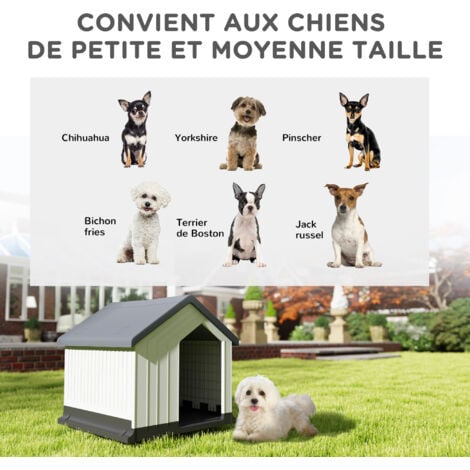 Niche chien extérieure - maison chien - niche plastique - grille d'aération - dim. 62L x 61l x 60H cm - blanc gris noir