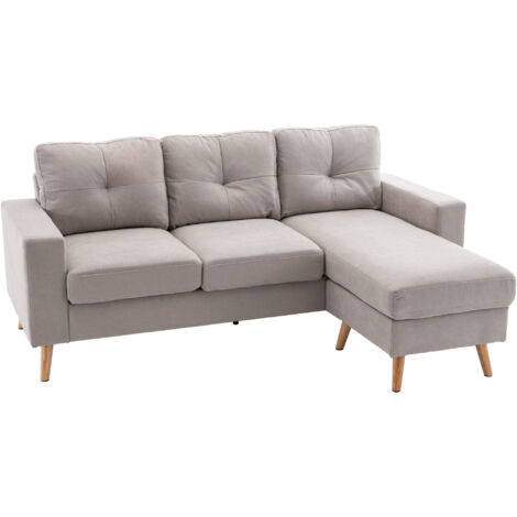Homcom – Canapé d'angle 3 places gris clair – Dossier capitonné – Repose-pied amovible – Piètement bois – Confort mousse haute densité