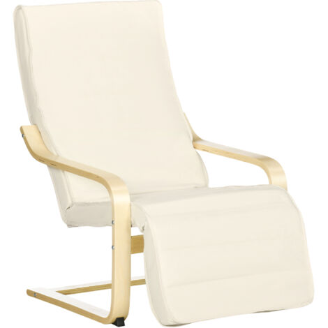 Homcom – Fauteuil relax scandinave avec repose-pied réglable – Structure en bois de bouleau – Revêtement en coton crème – Dimensions 94L x 66,5l x 100H cm