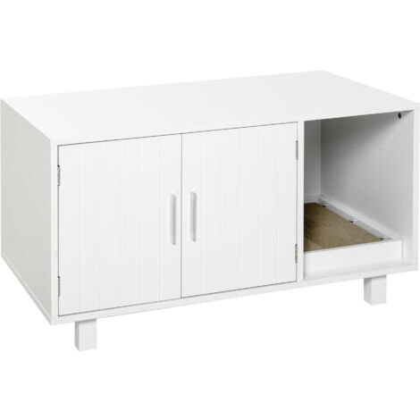 Pawhut – Maison de toilette pour chat – 2 portes – Niche avec grattoir amovible – MDF blanc – Dimensions 91L x 52l x 50,5H cm
