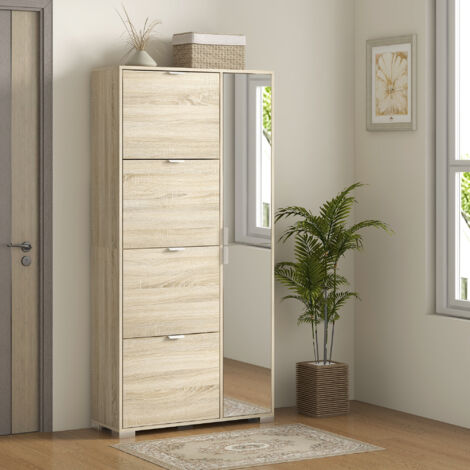 Armoire meuble à chaussures multi-rangement 2 abattants double niveau 2 tiroirs aspect chêne clair