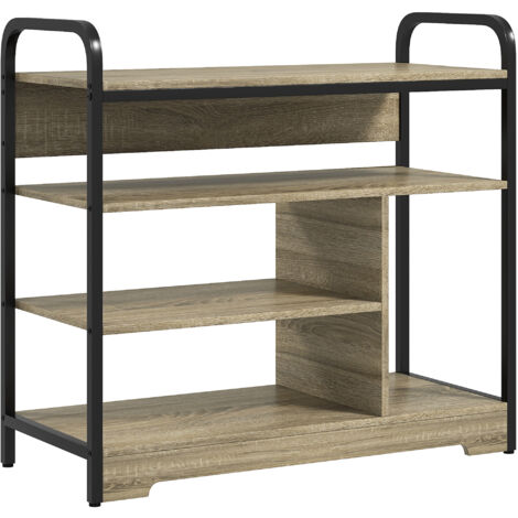 Table Console Design Industriel 120x30x81 Cm – 2 Tiroirs + étagère – Acier Noir & Panneaux Bois Gris