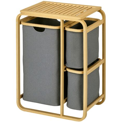 Homcom – Panier à linge 3 paniers amovibles en bambou et polyester – Dimensions 49x33x70 cm – Charge max 20 kg – Pour tri du linge facile