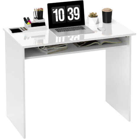 Homcom – Bureau droit compact 90x50 cm avec étagère intégrée – Panneau de particules blanc – Charge maximale 80 kg – Montage nécessaire