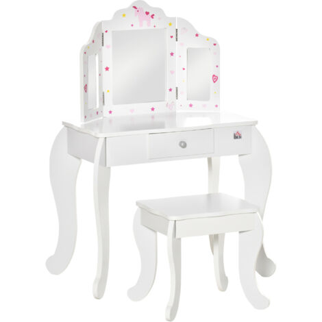 Homcom – Coiffeuse enfant avec tabouret et miroir triptyque – Dimensions 63L x 40l x 85,5H cm – MDF blanc et rose avec tiroir coulissant