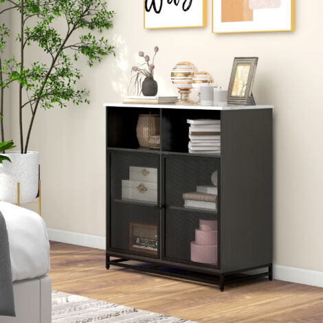 Buffet Industriel Avec Tiroirs Et Porte - 75x100x35 Cm, Effet Marbre Blanc Et Structure Or - Meuble Rangement Salon Entrée