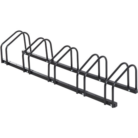 Homcom – Râtelier à vélo 5 places – Support rangement au sol en acier noir – Dimensions 145 x 33 x 27 cm – Largeur pneu 6,5 cm