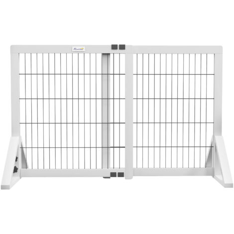 Barrière de sécurité pour chien, barrière de protection à 2 panneaux largeur réglable 63-106L x 44l x 67H cm, barrière pour escalier, porte, couloirs, en bois de pin et acier, blanc