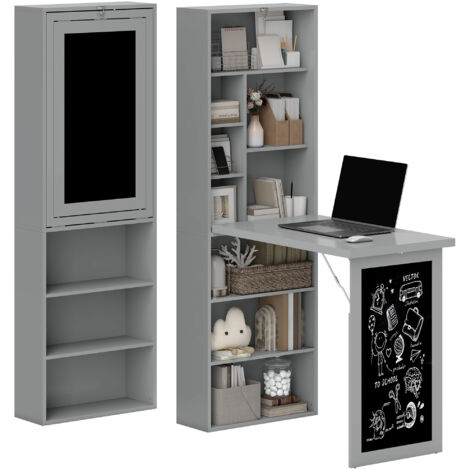 Homcom – Bureau mural pliable avec bibliothèque intégrée – Table rabattable suspendue – Dimensions 98L x 51l x 153H cm – Panneaux particules gris