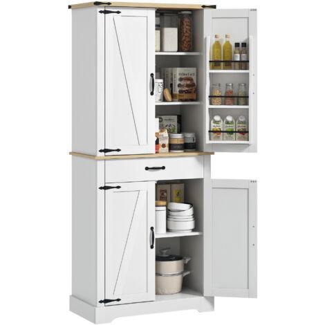 Homcom – Buffet haut 4 portes 3 étagères – Dimensions 76L x 40P x 181H cm – Blanc aspect bois – Design anti-basculement et rail coulissant
