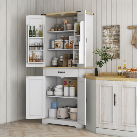 Buffet Haut BREST Blanc - 116x130x35 Cm - Avec 2 Portes, 4 Tiroirs, 4 étagères - Meuble De Rangement Salon Moderne