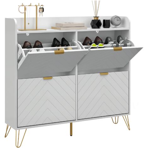 Homcom – Meuble à chaussures 4 abattants art déco – Dimensions 106L x 24P x 102H cm – Acier doré et MDF blanc – Aérations pour circulation d'air (1/5)