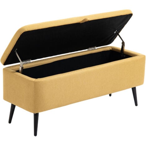 Banc coffre de rangement 2 en 1 dim. 102L x 40l x 39H cm piètement acier noir tissu jaune moutarde