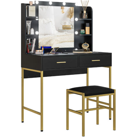 Homcom – Coiffeuse miroir LED avec tabouret – 2 tiroirs coulissants – 4 étagères – Acier doré et panneau de particules noir – Éclairage 6500K (1/5)