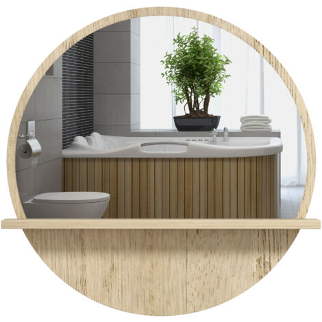 Kleankin – Miroir rond mural salle de bain – Ø 45 cm – étagère effet bois naturel – installation facile avec crochets – charge max 1,5 kg (1/5)