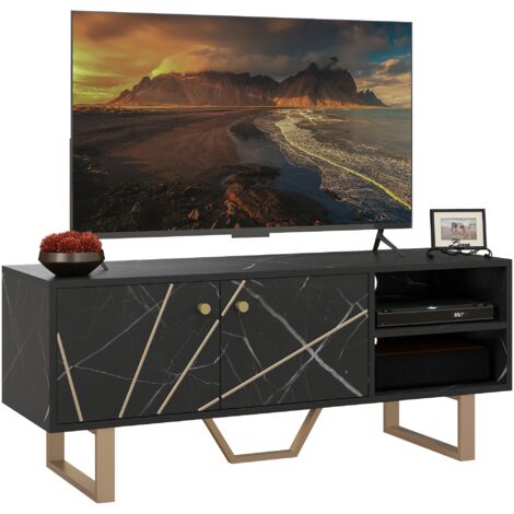 Homcom – Meuble TV banc 110L x 35P x 45H cm – Métal doré aspect marbre noir – 2 étagères et placard pour rangement – Gestion discrète des câbles (1/5)