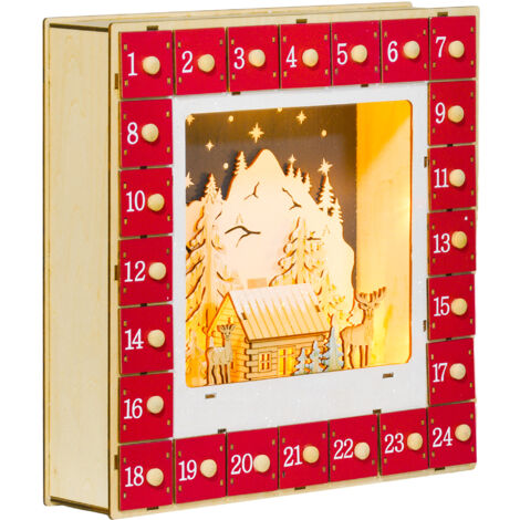 Homcom – Calendrier de l'Avent lumineux en bois 34x34cm – 24 tiroirs à remplir – Décorations villages, montagnes, rennes – Couleur rouge (1/5)