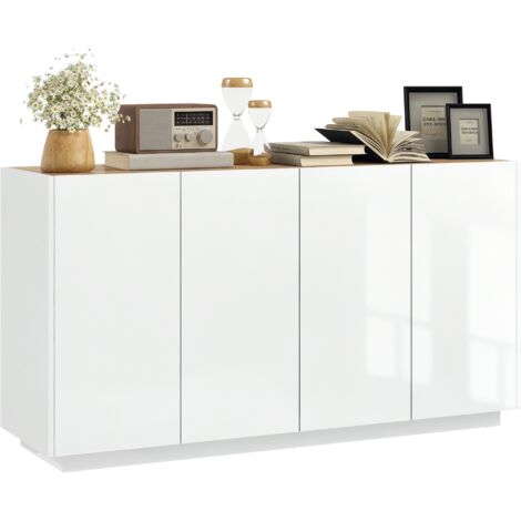 Buffet design contemporain blanc laqué plateau aspect bois clair - dim. 140L x 40l x 75H cm - 4 portes, 2 étagères