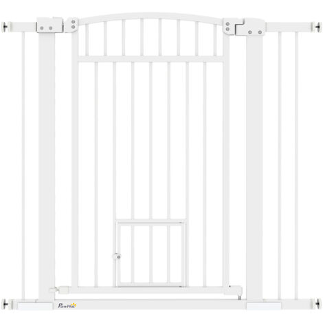 Pawhut – Barrière de sécurité pour chien – Acier massif blanc – Hauteur 95 cm – Largeur ajustable 76-104 cm – Double verrouillage et porte pour chat