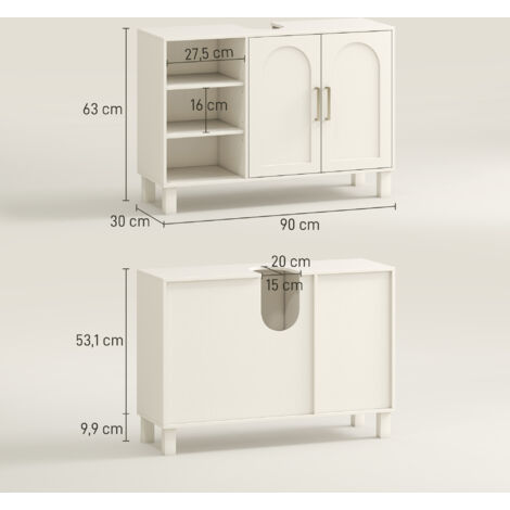 Meuble sous vasque - 2 portes, étagère, 3 niches - MDF crème