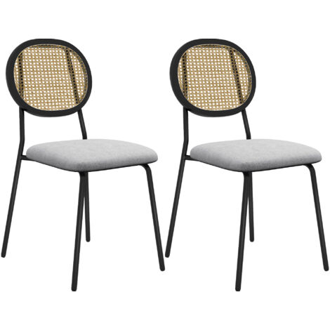 Homcom – Lot de 2 chaises vintage – Piètement acier noir – Dossier ovale rotin – Assise tissu gris – Dimensions 44x54x87 cm (1/5)