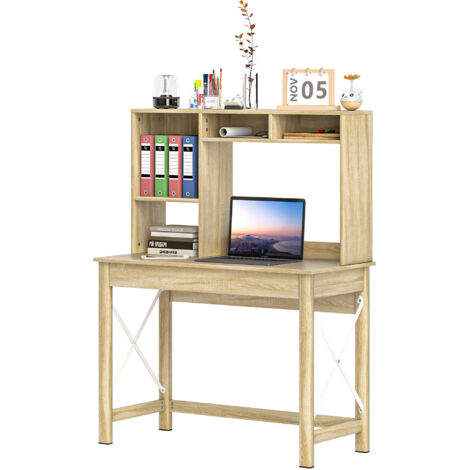 Homcom – Bureau assis debout 105L x 50l x 137,5H cm – 3 niches et 4 espaces de rangement – Panneaux de particules et métal blanc