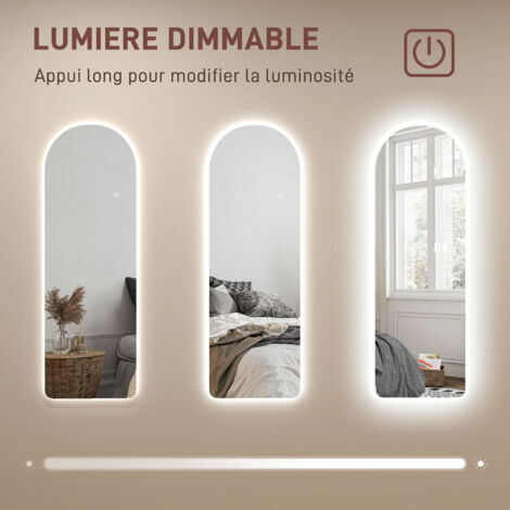 HOMCOM Miroir Pleine Longueur LED Arqué 150 X 40 Cm - 3 Couleurs Lumière, Montage Mural Ou Pied