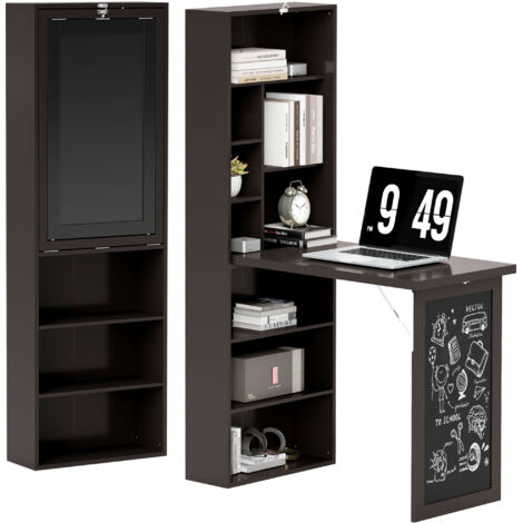 Homcom – Bureau mural pliable avec bibliothèque intégrée – Dimensions 98L x 51l x 153H cm – MDF et bois de pin – Tableau noir pour notes
