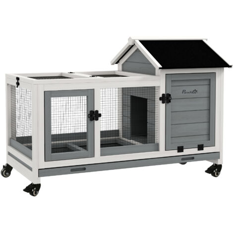 Pawhut – Clapier à lapin sur roulettes – Cage en bois de sapin et acier gris/blanc – 2 zones avec aire de jeu et toit ouvrant – Dimensions 108L x 58l x 73,5H cm