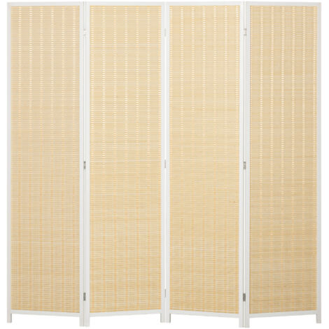 Homcom – Paravent intérieur pliable 4 panneaux 180L x 180H cm – Bois de pin et bambou – Charnières directionnelles – Patins antidérapants