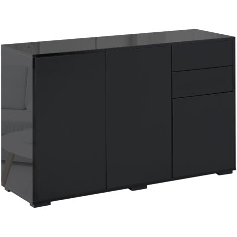 Homcom – Commode buffet noir laqué 2 tiroirs coulissants – 3 portes avec étagère réglable – Panneaux de particules E1 – Dimensions 117 x 36 x 74 cm