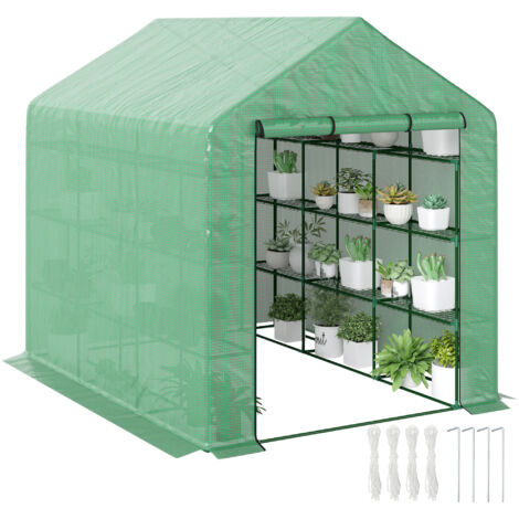 Outsunny – Serre tunnel 244 x 180 x 210 cm – bâche PE renforcée 140 g/m² – tube acier Ø 16mm – étagères 3 niveaux – ventilation facile par fermeture éclair