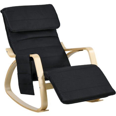 Homcom – Fauteuil relax à bascule noir – Cadre en bois de bouleau – Repose-pieds réglable 5 positions – Poche latérale pratique – Assise rembourrée (1/5)