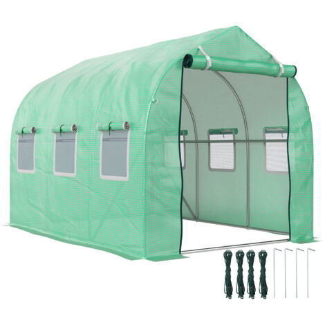 Serre de jardin tunnel 6 m² 6 fenêtres porte zippée acier galvanisé PE vert