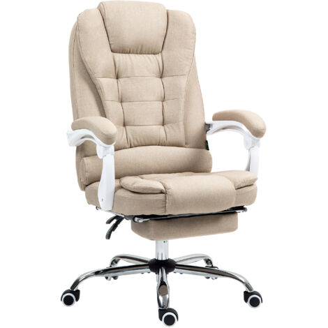 Homcom – Fauteuil de bureau ergonomique beige – Dossier inclinable et accoudoirs rembourrés – Repose-pied pliable – Tissu lin – Hauteur d'assise réglable 45-52 cm