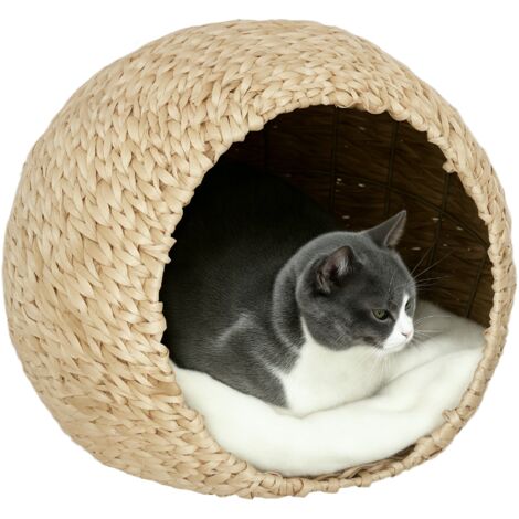 Pawhut – Panier pour chat en quenouille naturelle tressée – Coussin crème inclus – Dimensions 45x41x37cm – Charge max 6kg