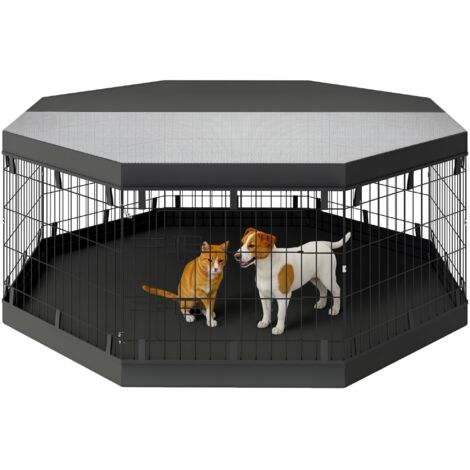 Pawhut – Parc enclos chien modulable intérieur 8 panneaux pliables – Acier noir – Dimensions Ø 159 x 61H cm – Porte sécurisée avec verrous