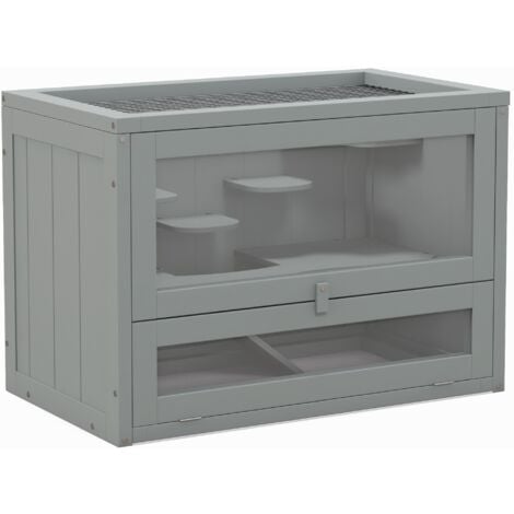 Cage pour hamsters souris petits rongeurs multi-équipements rampe plateformes toit ouvrant grillagé porte bois de sapin plexiglas gris