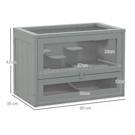 Cage pour hamsters souris petits rongeurs multi-équipements rampe plateformes toit ouvrant grillagé porte bois de sapin plexiglas gris