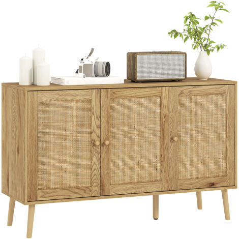 Buffet style cosy chic rotin - 3 portes, 2 étagères - dim. 120L x 40l x 75H cm - effet bois naturel