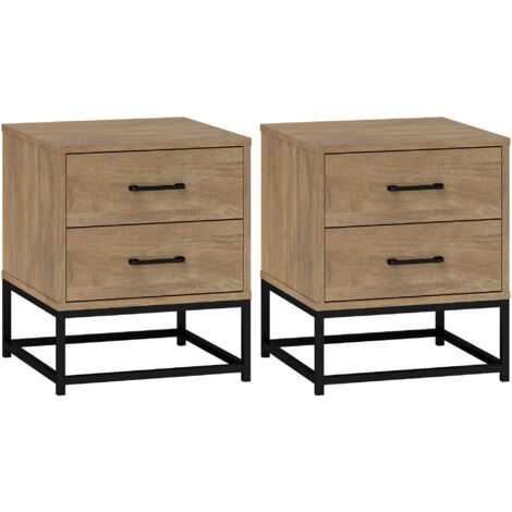 Homcom – Lot de 2 tables de chevet 40x39,5x48cm – 2 tiroirs en bois naturel – Style industriel pour chambre ou salon – Poignées en acier (1/5)