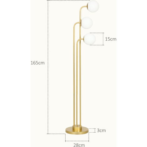 Lampadaire sur pied style contemporain acier doré 3 globes pivotants verre dépoli blanc