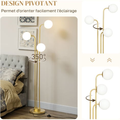 Lampadaire sur pied style contemporain acier doré 3 globes pivotants verre dépoli blanc
