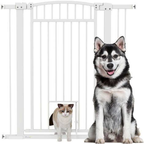 Pawhut – Barrière de sécurité pour chien 106 cm – Largeur ajustable 76-104 cm – Acier massif – Système de double verrouillage – Porte intégrée pour chat