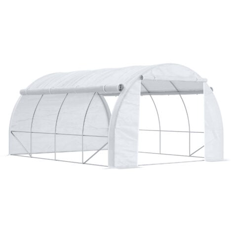 Serre de jardin 12 m² porte parois latérales zippées enroulables 8 fenêtres acier PE haute densité blanc