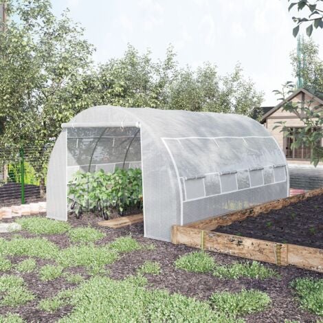 Serre de jardin 12 m² porte parois latérales zippées enroulables 8 fenêtres acier PE haute densité blanc
