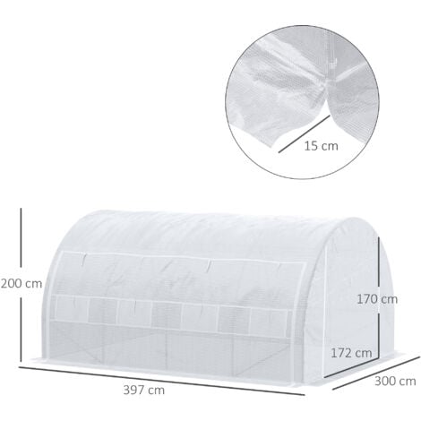 Serre de jardin 12 m² porte parois latérales zippées enroulables 8 fenêtres acier PE haute densité blanc