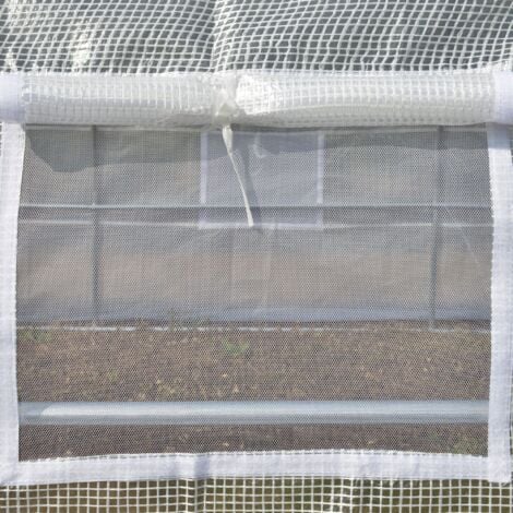 Serre de jardin 12 m² porte parois latérales zippées enroulables 8 fenêtres acier PE haute densité blanc