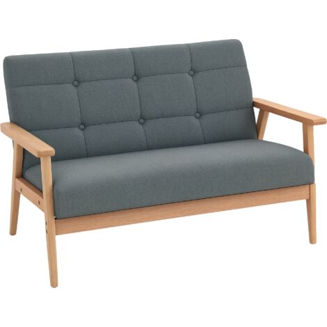 Homcom – Canapé droit 2 places – Dimensions 115x66,5x73cm – Structure en bois d'hévéa – Revêtement lin gris – Accoudoirs et pieds en bois (1/5)