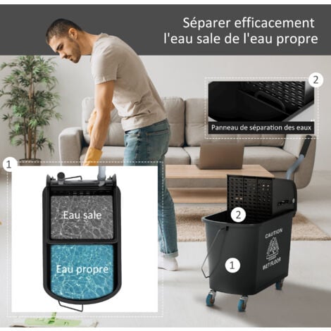 Chariot de nettoyage lavage seau de ménage 20 L avec essoreur et séparateur eau sale propre noir